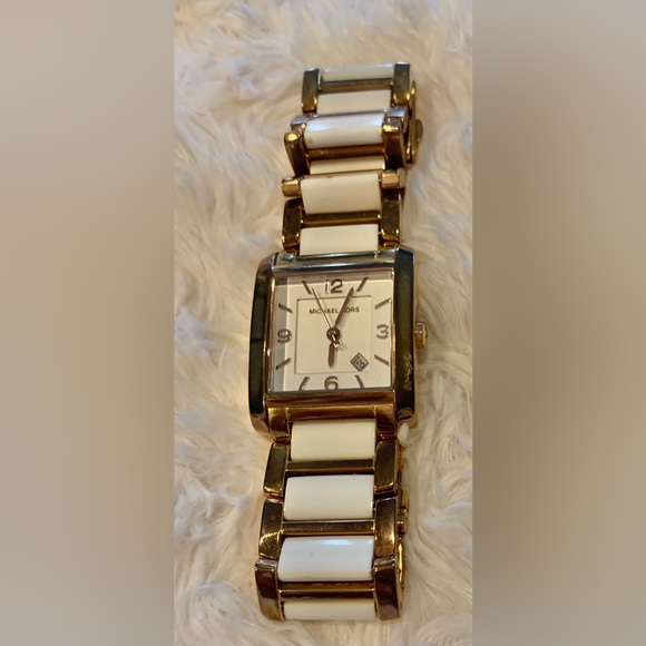 MICHAEL KORS FRENCH ROSE GOLD TONE + WHITE ACRYLIC RECTANGLE WATCH - MK4274 - Picture 2 of 6